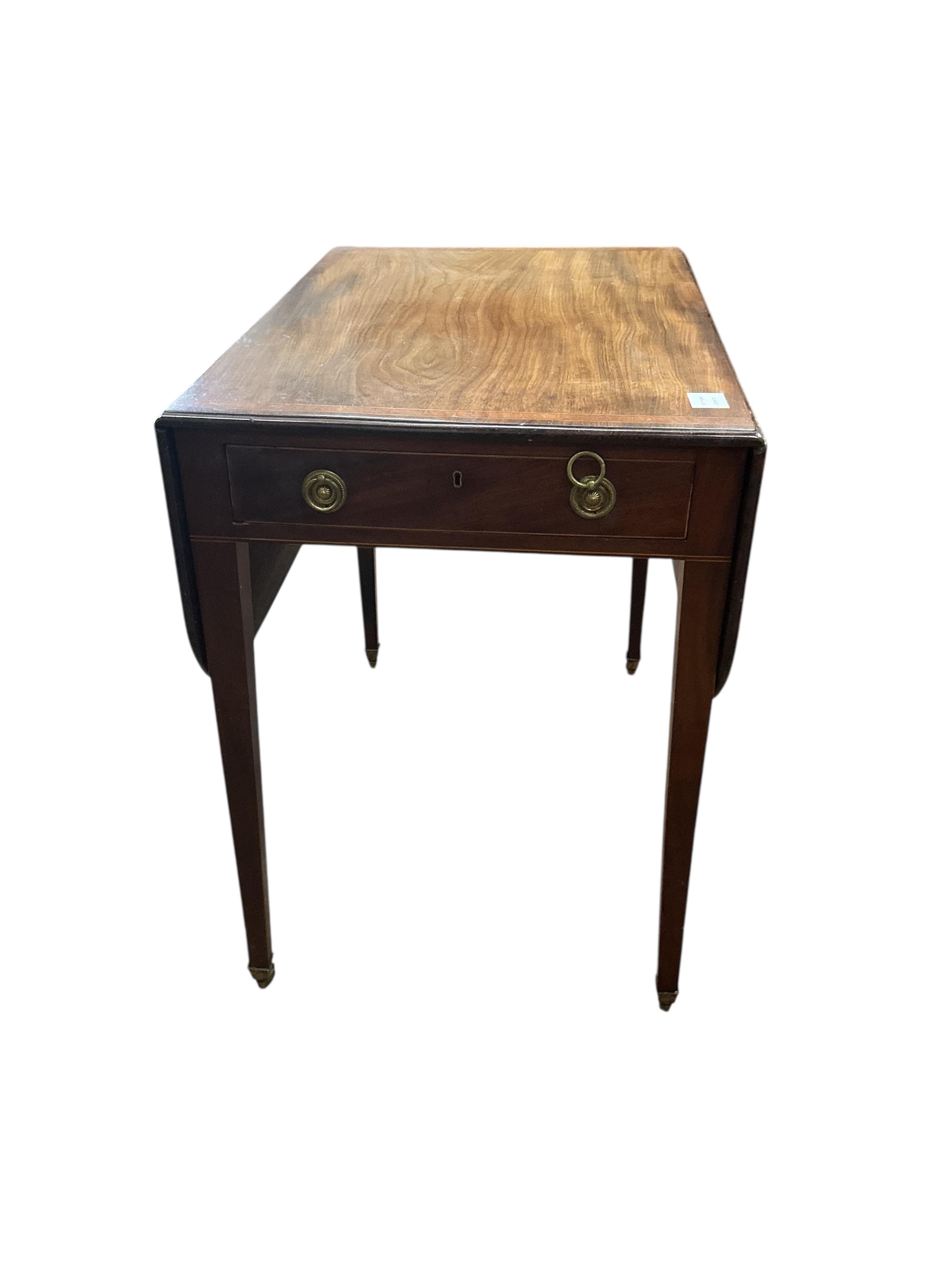 A George III mahogany and satinwood banded Pembroke table, width 51cm, depth 36cm, height 71cm